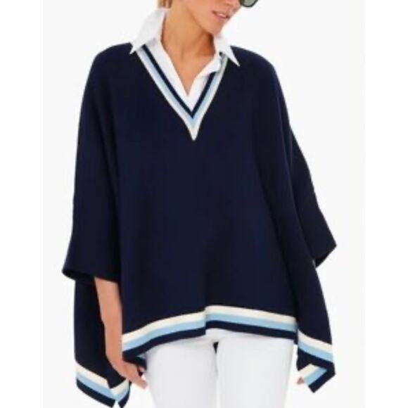 Tuckernuck Camden Poncho Knit Oversized Navy Striped V-Neck One Size Coastal - Picture 1 of 7